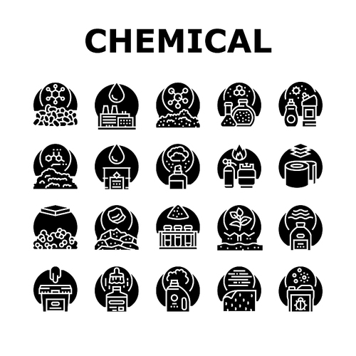 Chemical Industry Production Icons Set Vector. Polymers And Petrochemicals, Glue And Aerosol Spray, Rubber And Paint Varnish Chemical Industry Manufacturing Glyph Pictograms Black Illustrations