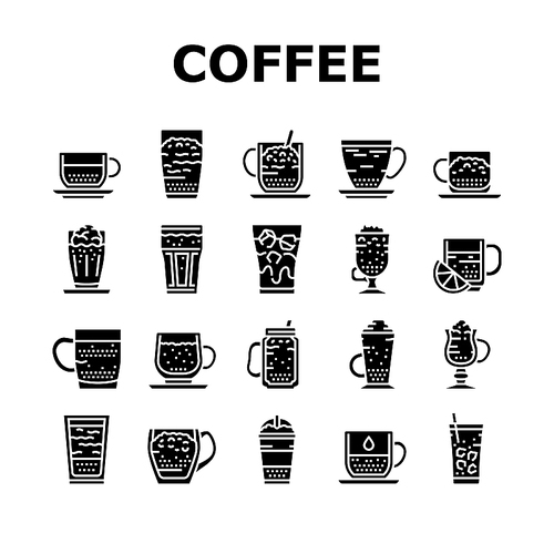 Coffee Types Energy Morning Drink Icons Set Vector. Espresso And Cappuccino, Macchiato And Latte, Americano And Chocolate Coffee Types. Caffeine Hot Beverage Glyph Pictograms Black Illustrations
