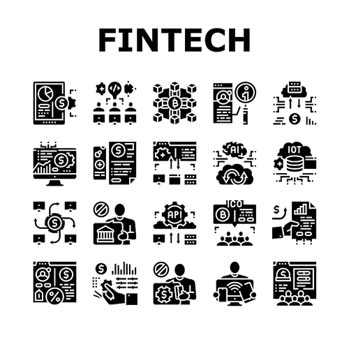 Fintech Financial Technology Icons Set Vector. Hackathon Fintech Development And Blockchain, Crowdfunding And Investment Finance Business. Digital Money Earning Glyph Pictograms Black Illustrations