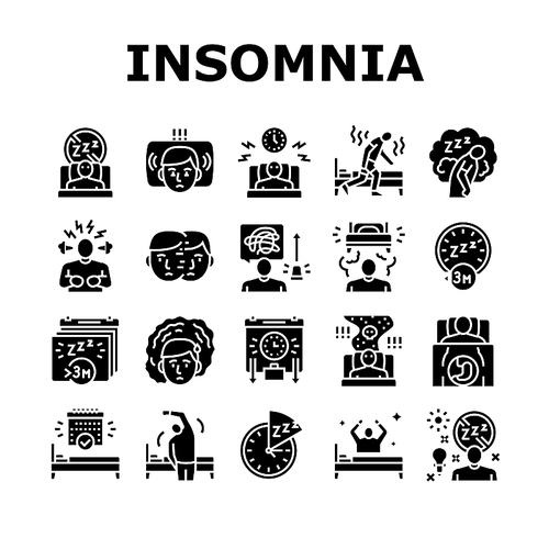 Insomnia Person Chronic Problem Icons Set Vector. Remaining Passively Awake And Difficulty Falling Asleep At Night, Insomnia Stimulus Control And Light Therapy Glyph Pictograms Black Illustrations
