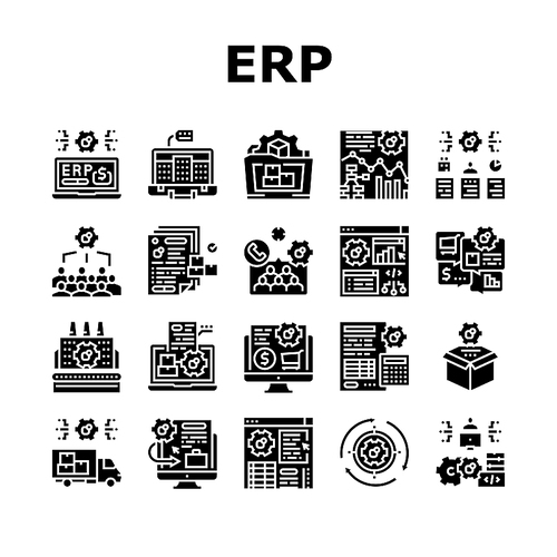 Erp Enterprise Resource Planning Icons Set Vector. Erp Manufacturing Processing And Production, Planning Strategy And Management Task, Development Software And App Glyph Pictograms Black Illustrations