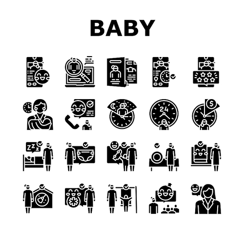 Baby Sitting Work Occupation Icons Set Vector. Woman Babysitter Baby Sitting And Playing Games With Child, Education Courses And Teaching Kid Night And Hourly Time Glyph Pictograms Black Illustrations
