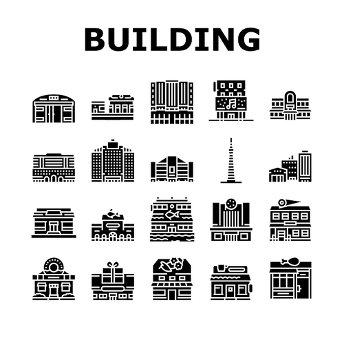 Building Restaurant And Store Icons Set Vector. Warehouse Construction And Office Skyscraper, Cinema And Gift Shop Building, Gas Petroleum Station And Tower Glyph Pictograms Black Illustrations