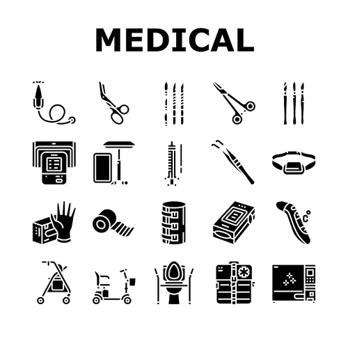Medical Instrument And Equipment Icons Set Vector. Thermometer And Scalpel, Knife And Scissors, Sticking Plaster Roll And Bandage Medical Instrument And Tool Glyph Pictograms Black Illustrations