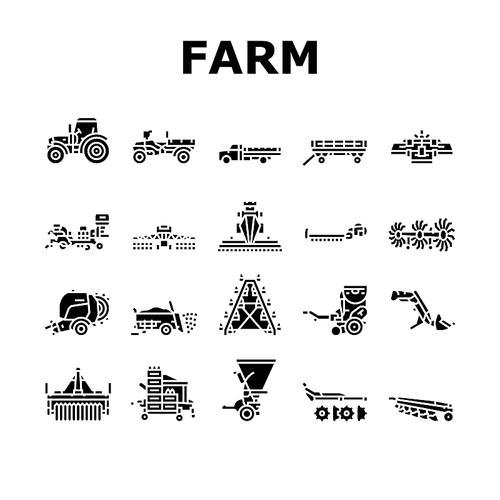 Farm Equipment And Transport Icons Set Vector. Baler And Manure Spreader, Hydroponic And Transplanter Machinery Farm Equipment Line. Tractor And Truck Farmland Car Glyph Pictograms Black Illustrations