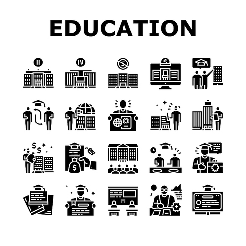 Higher Education And Graduation Icons Set Vector. Two And Four Year Higher Education In College University, Private Profit Institution And International Admission Glyph Pictograms Black Illustrations