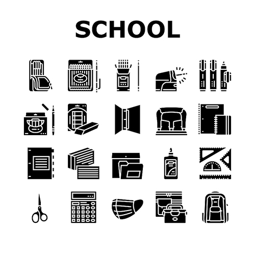 School Supplies Stationery Tools Icons Set Vector. Pencil And Market Package, Ruler And Scissors, Calculator Electronic Device And Backpack School Supplies Glyph Pictograms Black Illustrations