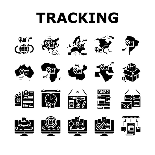 Shipment Tracking International Icons Set Vector. Middle East And Europe, China And Africa, Australia And Asia, South America And North America Shipment Tracking Glyph Pictograms Black Illustrations