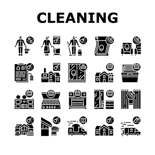 Cleaning Building And Equipment Icons Set Vector. Regular Cleaning Apartment And House Room, Bbq And Grill Kitchen Tool, Clean Carpet And Curtains With Appliance Glyph Pictograms Black Illustrations