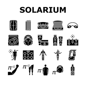 Solarium Salon Tanning Service Icons Set Vector. Disposable Protective Cap And Glasses, Horizontal And Vertical Solarium Cabin, Suntan Sun Protect Cream Packages Glyph Pictograms Black Illustrations