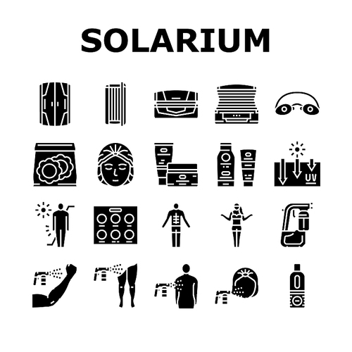 Solarium Salon Tanning Service Icons Set Vector. Disposable Protective Cap And Glasses, Horizontal And Vertical Solarium Cabin, Suntan Sun Protect Cream Packages Glyph Pictograms Black Illustrations