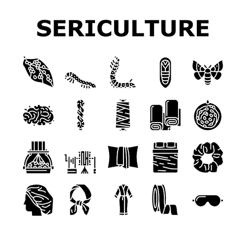Sericulture Production Business Icons Set Vector. Hatchlings And Larvae Silkworm, Silk Neck Scarf And Ribbon, Pillowcase And Bed Fabric Sheets. Thread Wheel Fiber Glyph Pictograms Black Illustrations
