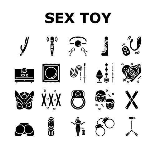 Sex Toy And Sexy Accessories Icons Set Vector. Vagina And Penis, Vibrator And Dildo Anal And Vaginal Masturbation Sex Toy, Handcuff And Ring Facial Mask And Condom Glyph Pictograms Black Illustrations