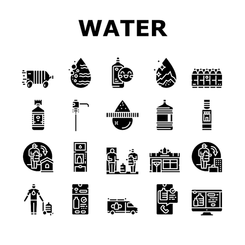 Water Delivery Service Business Icons Set Vector. Water Delivery Service Worker Delivering Drink At Home Office, Online Ordering Smartphone Application On Web Site Glyph Pictograms Black Illustrations