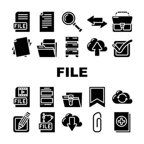 File Computer Digital Document Icons Set Vector. Graphic And Video Electronic File Load And Upload To Cloud Storage Data Center, Sharing And Transfer In Internet Glyph Pictograms Black Illustrations