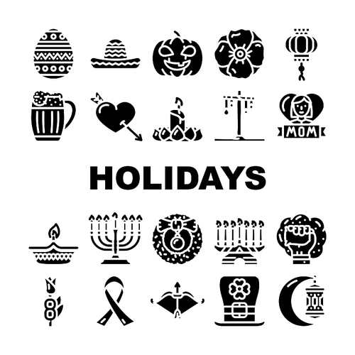 Holidays Celebration Accessories Icons Set Vector. Mother And 8th March International Women Day, Holi And Halloween, Christmas Chinese New Year Celebrate Holidays Glyph Pictograms Black Illustrations