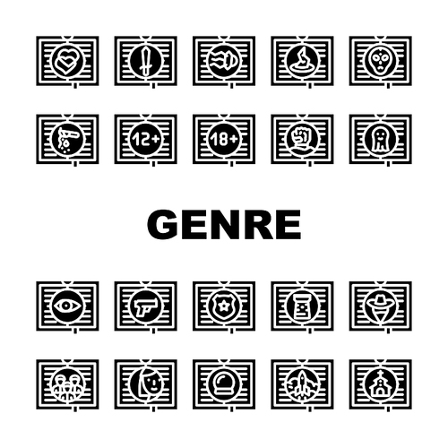 Literary Genre Categories Classes Icons Set Vector. Fantasy And Science Fiction, Action Adventure And Paranormal, Crime And Magic Literary Genre Glyph Pictograms Black Illustrations