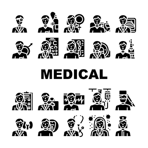 Medical Speciality Health Treat Icons Set Vector. Dentist And Oculist, Immunologist And Therapist, Gynecologist And Urologist Doctor Hospital Medical Speciality Glyph Pictograms Black Illustrations