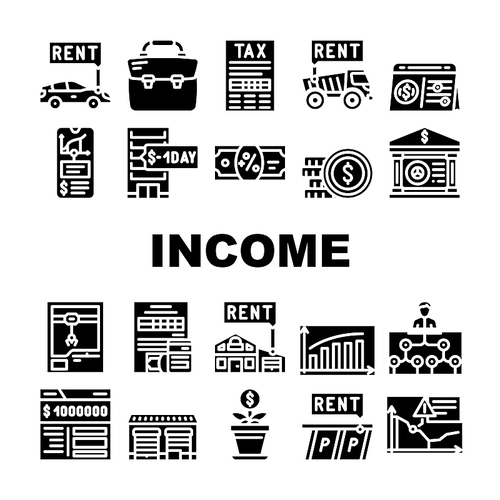 Passive Income Finance Earning Icons Set Vector. Car Rental And Delivery Of Special Transport Truck, Parking And House Rent Passive Income Glyph Pictograms Black Illustrations