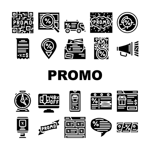 Promo And Advertising Coupon Icons Set Vector. Qr Code On Sale Discount And Newsletter With Advertise Messenger, Promo Street Banner And Promotional Ribbon Glyph Pictograms Black Illustrations