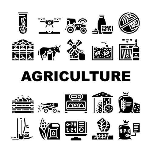 Agriculture Farmland Business Icons Set Vector. Mill And Greenhouse Farm Construction, Drone For Planting Plant Tractor With Gps, Agriculture Harvesting Production Glyph Pictograms Black Illustrations