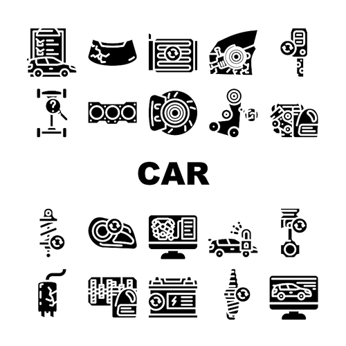Car Service Technical Maintenance Icons Set Vector. Car Service Worker With Equipment For Repair And Computer Diagnostic Digital Analyzing, Changing Oil In Gearbox Glyph Pictograms Black Illustrations