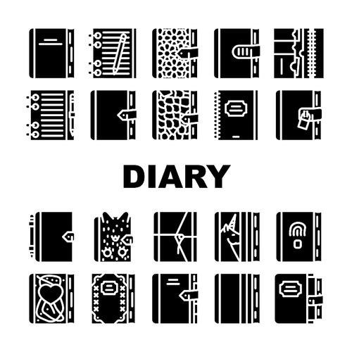 Diary Paper Stationery Accessory Icons Set Vector. Diary With Pen And Crocodile Skin Cover For Writing And Drawing, With Fingerprint Scanner And Password Lock Glyph Pictograms Black Illustrations