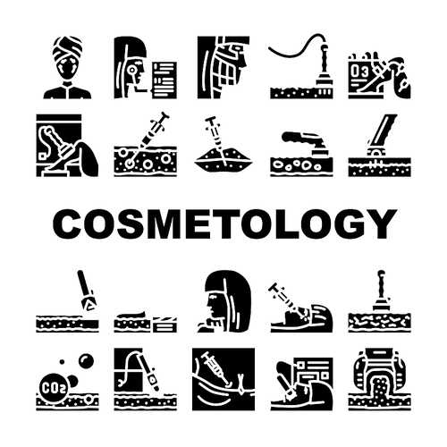 Cosmetology Treatment Procedure Icons Set Vector Complex Face Cleansing Mesotherapy Rejuvenation Zones, Cosmetology Microdermabrasion Therapy Lifting Facial Skin. Glyph Pictograms Black Illustrations