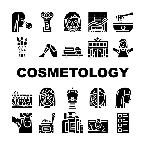Cosmetology Beauty Procedure Icons Set Vector. Lifting Face Skin With Electronic Device And Facial Mask, Depilation Armpit Leg, Cosmetology Body Treat Allergy Test Glyph Pictograms Black Illustrations