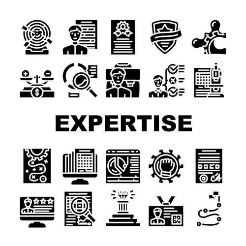 Expertise Business Processing Icons Set Vector. Skill Employee And Leadership Expertise, Calendar With Report Of Work Done And Reporting Goal Achievement Glyph Pictograms Black Illustrations