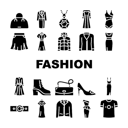 Fashion Store Garment And Shoes Icons Set Vector. Fashion Store Selling Dresses Evening Gowns And Jacket, T-shirt And Coats, Woman Bag And Belt Accessories Glyph Pictograms Black Illustrations