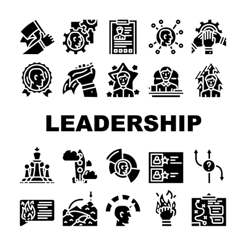 Leadership Leader Business Skill Icons Set Vector. Motivation Employee And Manager Career, Network Communication And Planning Strategy, Businessman Leadership Glyph Pictograms Black Illustrations