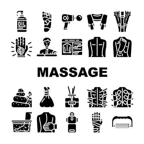 Massage Accessories And Treatment Icons Set Vector. Shiatsu Massage Physiotherapy And Acupuncture, Water And Stone For Massaging, Masseur Business And Occupation Glyph Pictograms Black Illustrations