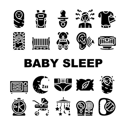 Newborn Baby Sleep Accessories Icons Set Vector. Baby Sleep In Crib Or Rocking Bed On Soft Pillow With Teddy Bear Toy, Pampers And Sling, Clothes And Stroller Glyph Pictograms Black Illustrations