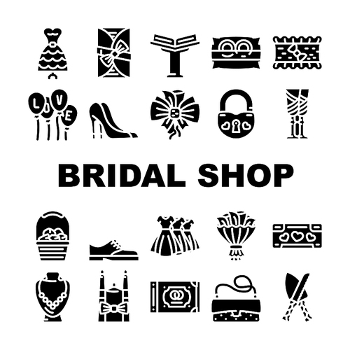 Bridal Shop Fashion Boutique Icons Set Vector. Dress For Bride And Costume For Groom, Garment For Bridesmaid Candles, Ring And Wedding Album Selling In Bridal Shop Glyph Pictograms Black Illustrations