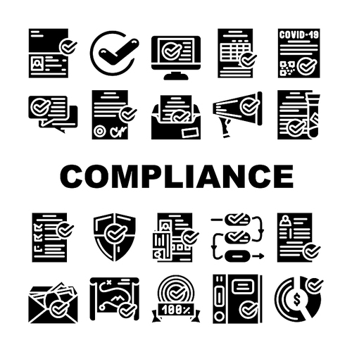 Compliance Quality Procedure Icons Set Vector. Compliance Passport And Covid Certificate, Approval Conversation And Check List, Cv And Documentation Glyph Pictograms Black Illustrations