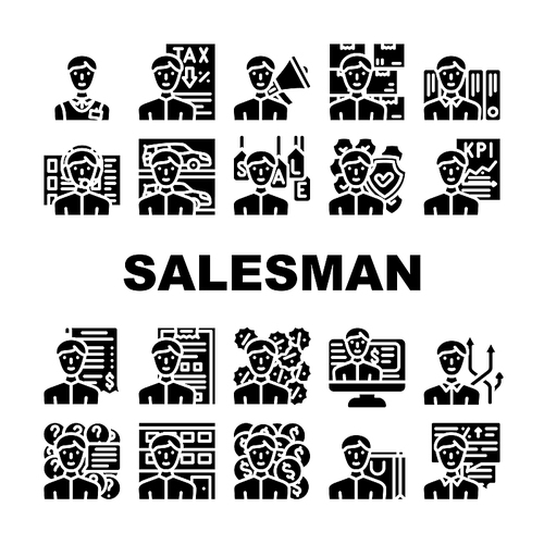 Salesman Business Occupation Icons Set Vector. Salesman Megaphone Advertising Of Seasonal Store Sale And Discounts, Tax Advice And Call Center Worker Support Glyph Pictograms Black Illustrations