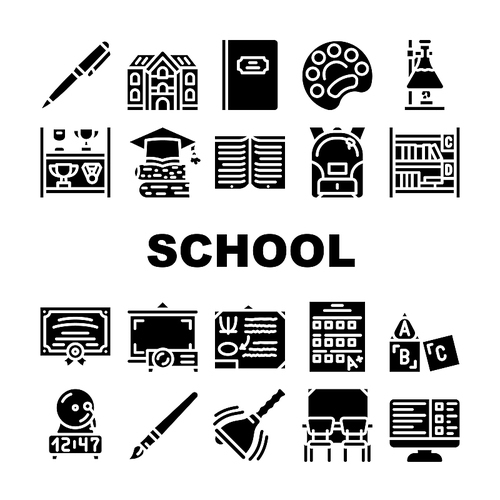 School Stationery Accessories Icons Set Vector. Shelf With Goblets Award And Backpack, Pen And Tassel, School Educational Book Notebook, Blackboard And Certificate Glyph Pictograms Black Illustrations