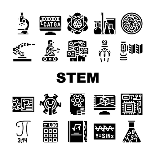 Stem Engineer Process And Science Icons Set Vector. Educational Book And Trigonometry Formula, Stem Engineering Processing Laboratory Researching, Software Glyph Pictograms Black Illustrations