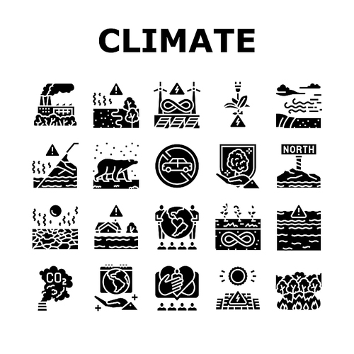 Climate Change And Eco Problem Icons Set Vector. Nature Care Day And Conservation World, Desertification And Renewable Energy, Climate Change And Glacier Melt Glyph Pictograms Black Illustrations