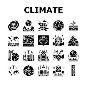 Climate Change And Environment Icons Set Vector. Climate Change And Pollution Water, Globe Temperature And Hot Weather, People Save Nature And Ecology Protest Glyph Pictograms Black Illustrations