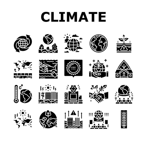Climate Change And Environment Icons Set Vector. Climate Change And Pollution Water, Globe Temperature And Hot Weather, People Save Nature And Ecology Protest Glyph Pictograms Black Illustrations