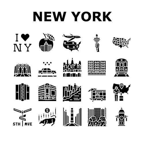 New York American City Landmarks Icons Set Vector. Square And 5th Avenue, Central Park And Broadway, Manhattan And Brooklyn Bridge. Subway Taxi Cab Urban Transport Glyph Pictograms Black Illustrations