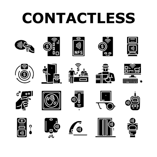 Contactless System Technology Icons Set Vector. Contactless Payment With Card And Smartphone Nfc At Pos Terminal, Faucet And Antiseptic Dispenser, Elevator Toilet Glyph Pictograms Black Illustrations