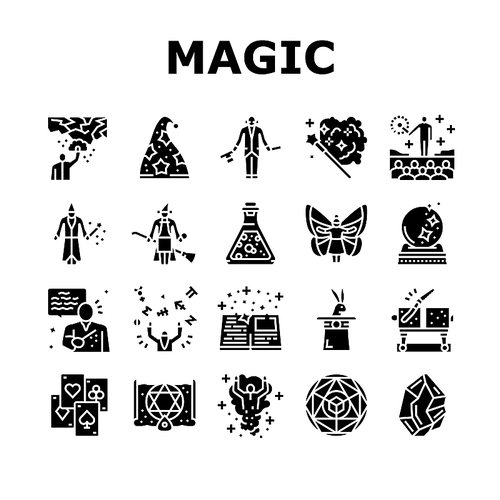 Magic Performing And Accessories Icons Set Vector. Rabbit In Hat Illusionist Magic Focus And Show, Crystal And Book, Card And Sphere, Potion Liquid And Fairy Glyph Pictograms Black Illustrations