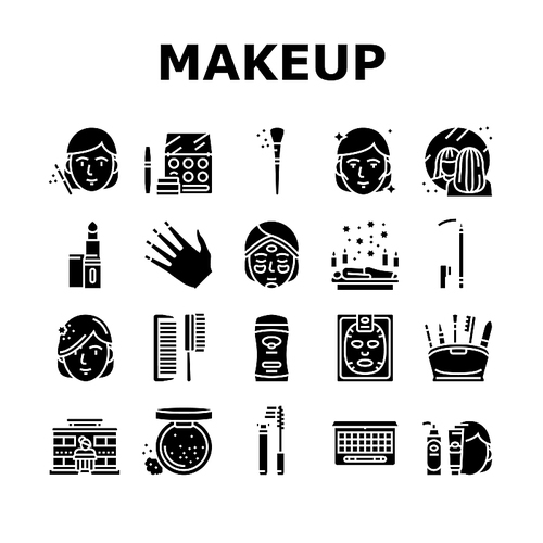 Makeup Cosmetology Procedure Icons Set Vector. Lipstick And Brush, Mascara And Powder Fashion Makeup Accessory, Eyebrow And Facial Cosmetic . Spa Salon Treatment Glyph Pictograms Black Illustrations
