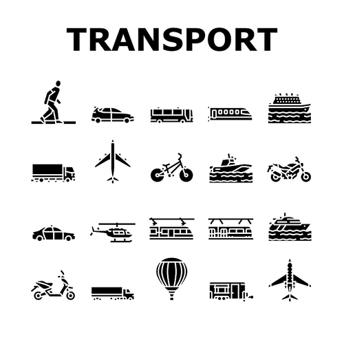 Transport For Riding And Flying Icons Set Vector. Train And Car, Bus And Motorcycle, Air Balloon Aircraft Transport. Cargo Truck Helicopter, Subway Metro And Tram Glyph Pictograms Black Illustrations