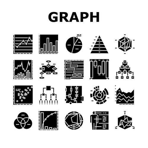 Graph For Analyzing And Research Icons Set Vector. Hierarchy And Binary Decision Diagram, Bar Graph, Radar And Stacked Area Chart Line. Pareto And Venn Infographic Glyph Pictograms Black Illustrations
