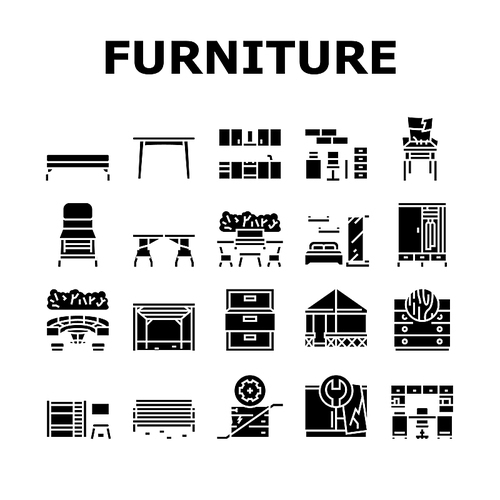 Furniture For Home And Backyard Icons Set Vector. Dinning And Folding Table, Kitchen And Bedroom Furniture, Wardrobe And Cabinet, Repair Old Broken Chair And Bench Glyph Pictograms Black Illustrations