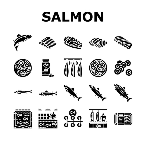 Salmon Fish Delicious Seafood Icons Set Vector. Sashimi And Salmon Fillet Steak, Fresh And Cooked Dish Sea Food, Caviar And Oil . Plant Processing And Farming Glyph Pictograms Black Illustrations